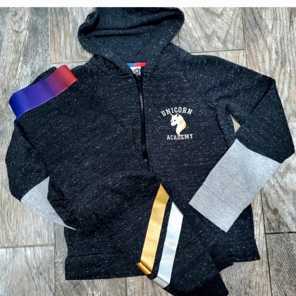 Girls L 10/12 - 2pc Hoodie set Unicorn Charocal